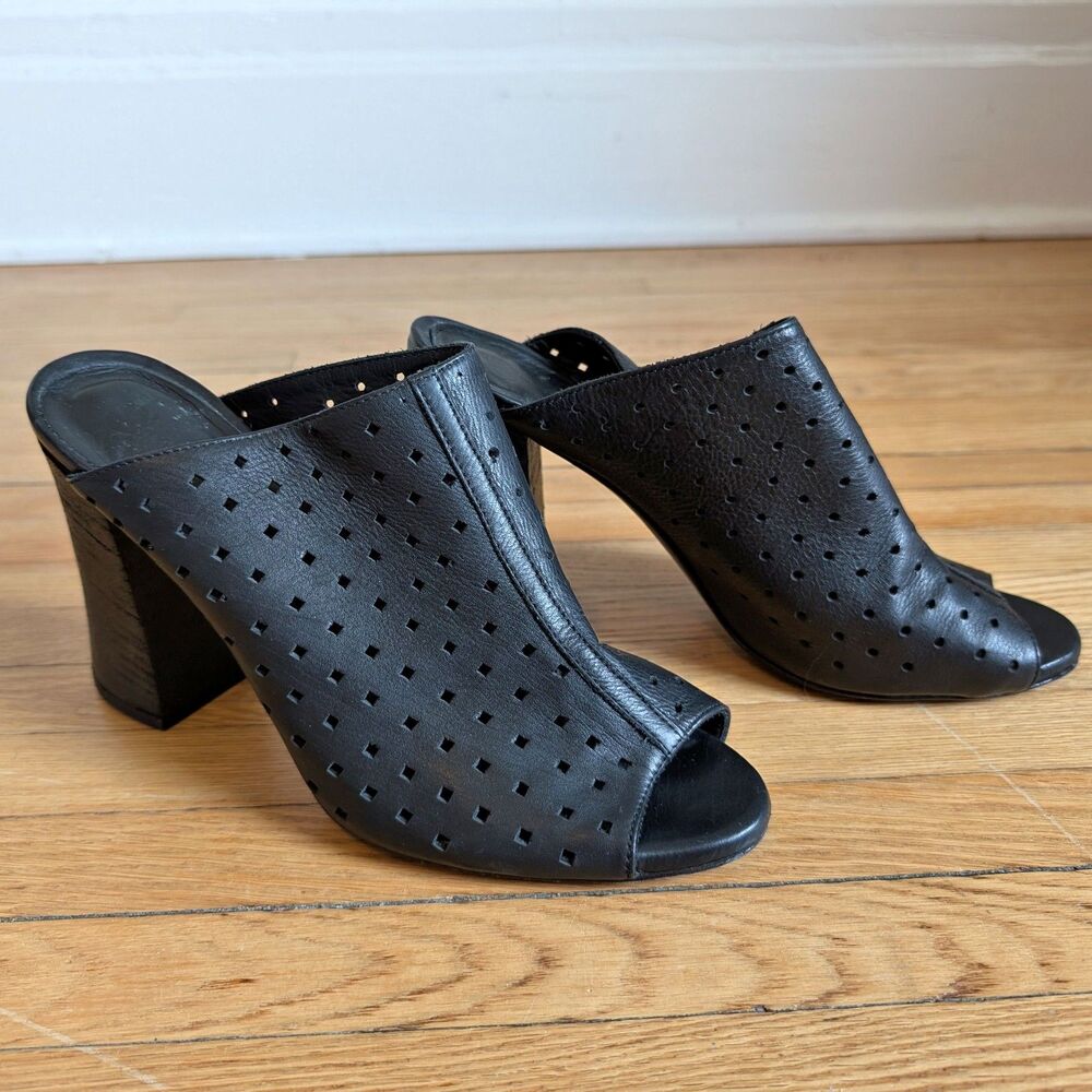 Fiori Francesi Mules Black Leather Heels Italian Stacked Perforated Size 8.5